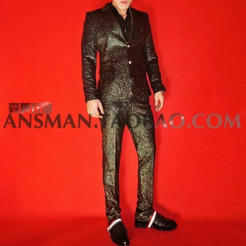 한국 신상 재킷 남성 웨딩 정장 나이트클럽 바 남성 가수 플래시 블랙 골드 블레이저 수트 무대 의상 슬림핏 남성 바지