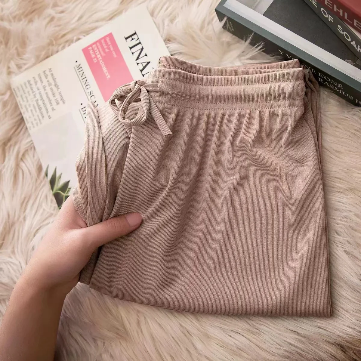 solid color Plus size Women Ankle-Length Wide Leg Pants Casual Summer Solid Elastic Waist Loose Ice Silk Pants Spring Trousers