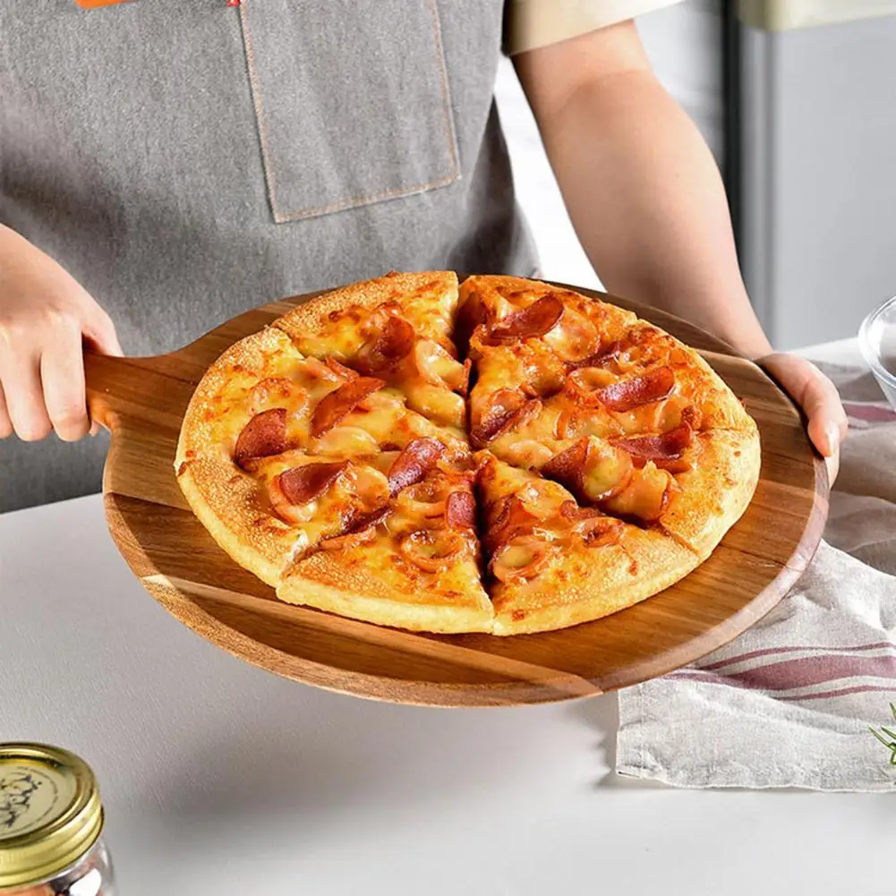 

Pizza Pan with Easy-grip Handles Round Wooden Pizza Pan with Long Handle for Cutting Serving Multifunctional for Vegetables