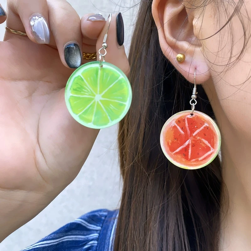 Fashionable spring and summer fruit acrylic earrings, grapefruit, lemon, kiwi, fun fruit round earrings