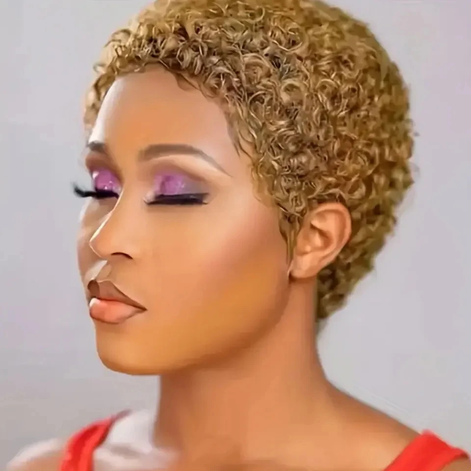 Short Afro Kinky Curly Hair Wigs For Black Women Human Hair African Fluffy Wig Brazilian Pixie Cut Hair Wigs Machine Made