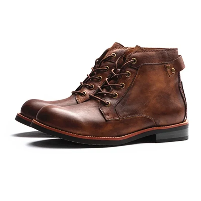 Botas de cuero a la moda para hombre, zapatos altos y cómodos, con fondo grueso, informales, Retro, de vaquero, talla grande 38-48