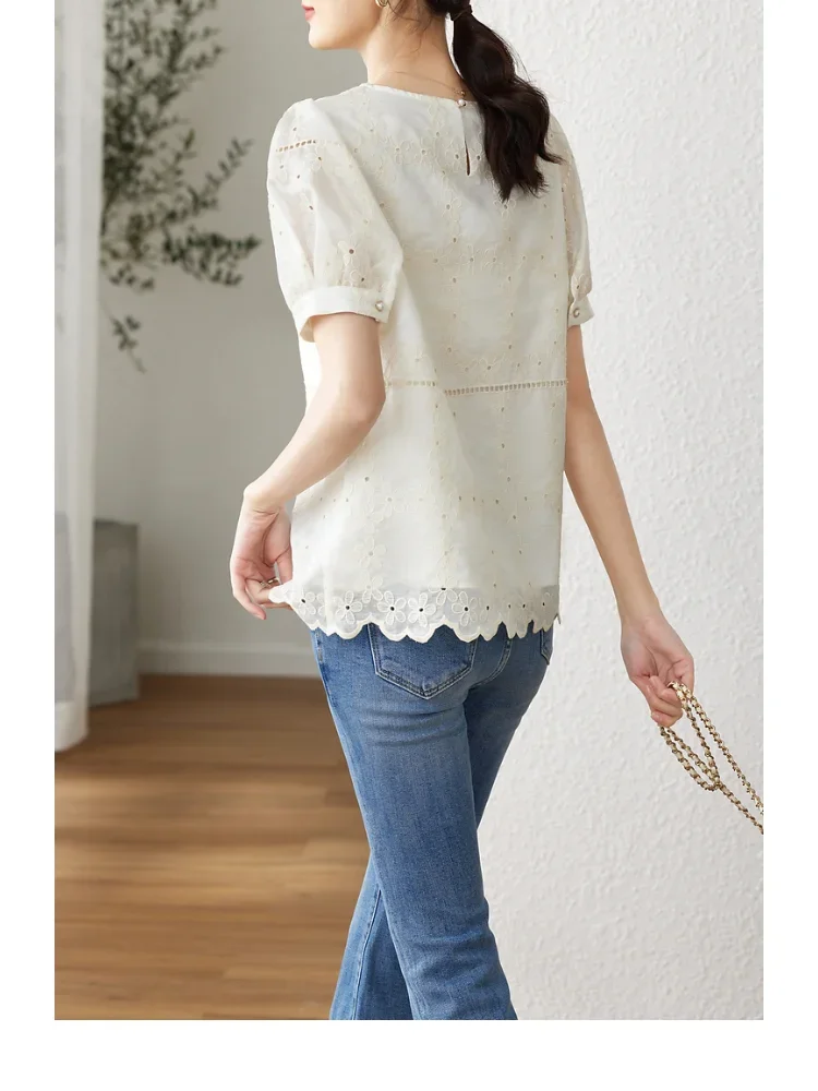 Vimly Straight Loose Elegant Blouse for Women 2023 Korean Fashion Hook Flower Hollow Pullover Short Sleeve Office Lady Shirt Top