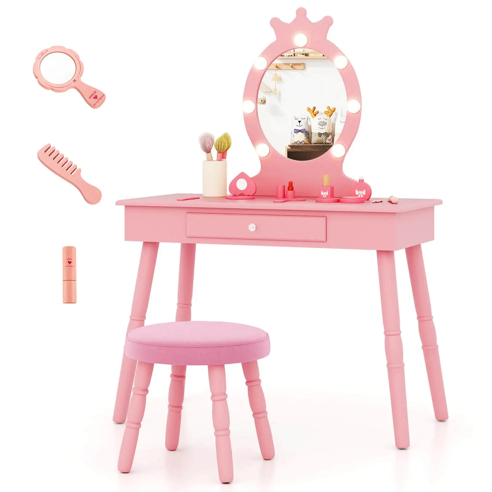 Kids Vanity Set Princess Vanity Table & Chair Set with Lighted Mirror