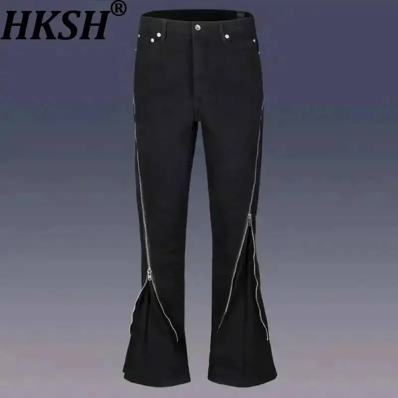 Calças Jeans HKSH Masculinas e Femininas Estilo RO Streetwear, Novas Calças Urbanas de Outono Inverno com Zíper Grande e Detalhes Espirais em Denim Es