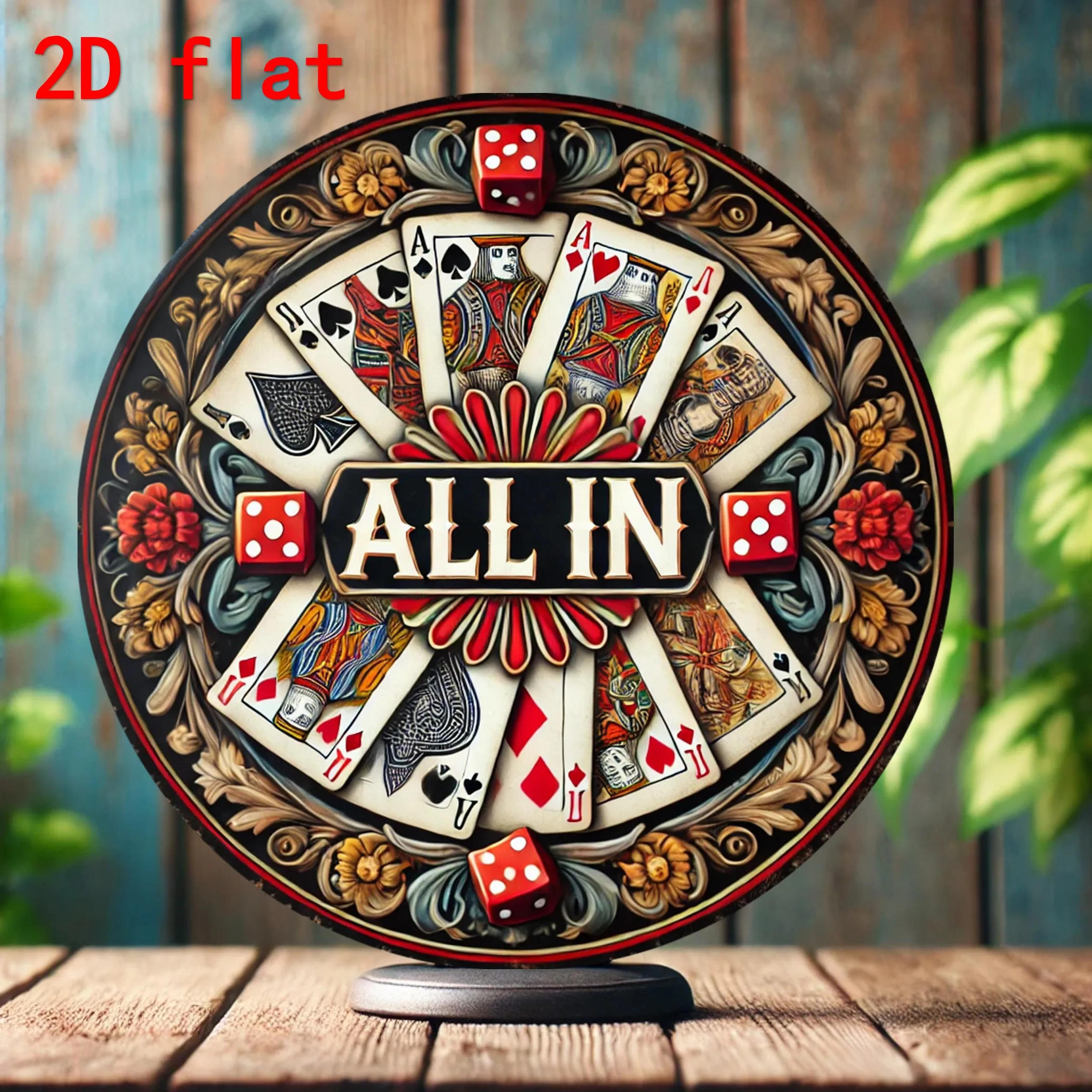 [2D Flat] 8" rundes Aluminiumschild mit „All In“ Girlanden-Design – lebendiges Poker- und Würfelthema, perfekt für Zuhause, Bar, Café und Ausgänge