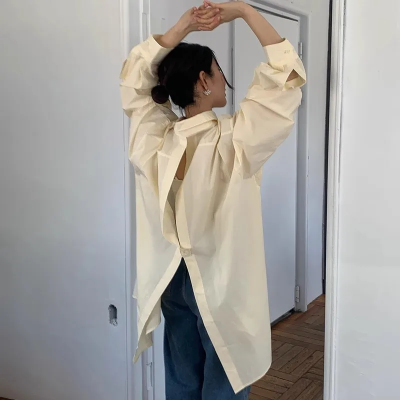 

Elegant Lapel Neck Long Sleeve Shirt 2023 Stylish Women Autumn Solid Back Split Blouse Oversize OL Work Blusas Loose Tops