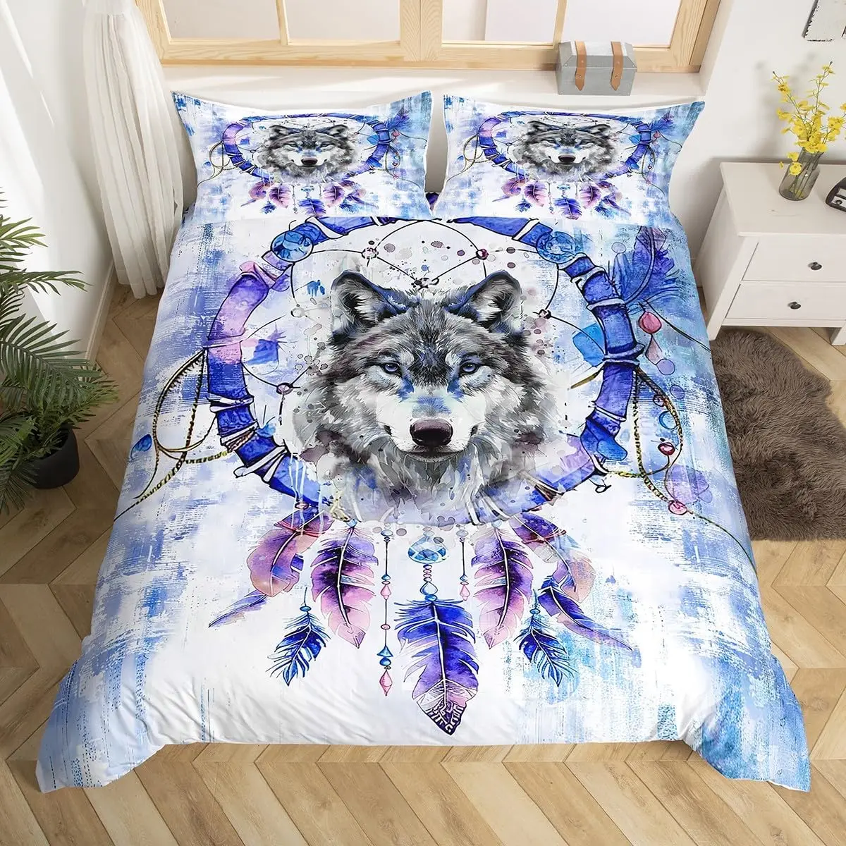 Navy Gradient Wild Wolf Bedding Set Double Size Hippie Dream Catcher Duvet Cover 3pcs Boho Feather Comforter Quilt Cover