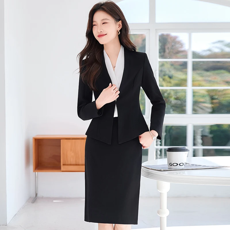 NAVIU New ARRIVAL Elegant LADIES อย่างเป็นทางการชุดกระโปรงผู้หญิงสีกากีสีเทาสีดําแขนยาวหญิง Blazer ชุดสําหรับธุรกิจทํางาน