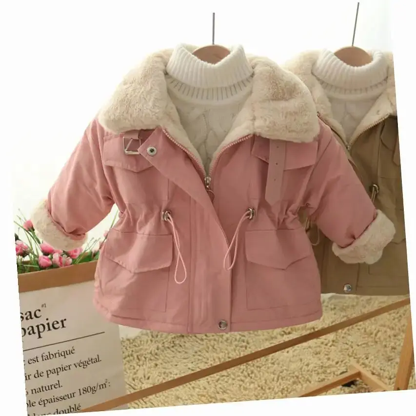 Velvet Plush Warm Kids Lapel Windbreaker Jackets Girls Coat Winter Children Fashion Cute Outerwear Toddler Baby Clothes 2024 New