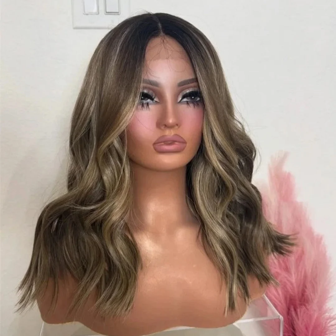 باروكات بنية كراميل داكنة فاخرة مع جذور داكنة تسليط الضوء على موجة عميقة الاصطناعية الدانتيل أعلى الباروكات على التخليص بيع الألياف عالية الجودة #1