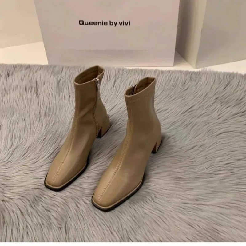 2026 Autumn Four-color Women's Short Boots, Square-toe Thick Heel Side Zip Nude Leather Short Boots, Chelsea Boot, Ankle Boot view 3