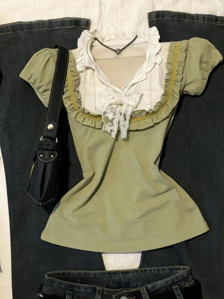 American Retro Spice Y2k Joker Green Tops Women Bow Slim Stitching Short-sleeved T-shirt New Design High Street Harajuku Clothes