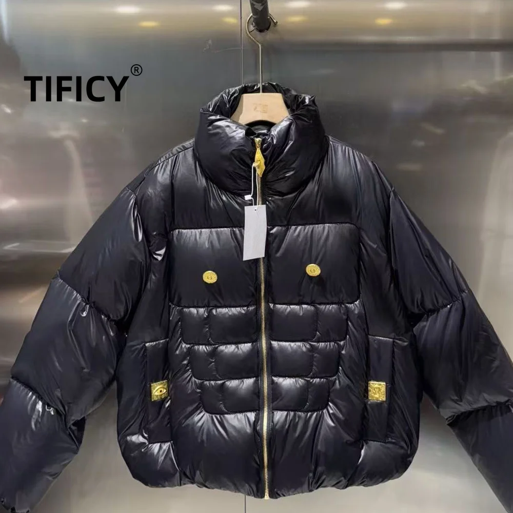 High-Street-Jacken für Damen, hochwertige, leichte Luxus-Winterjacke mit warmem Stehkragen, einfache kurze Daunenjacke mit Rautenmuster