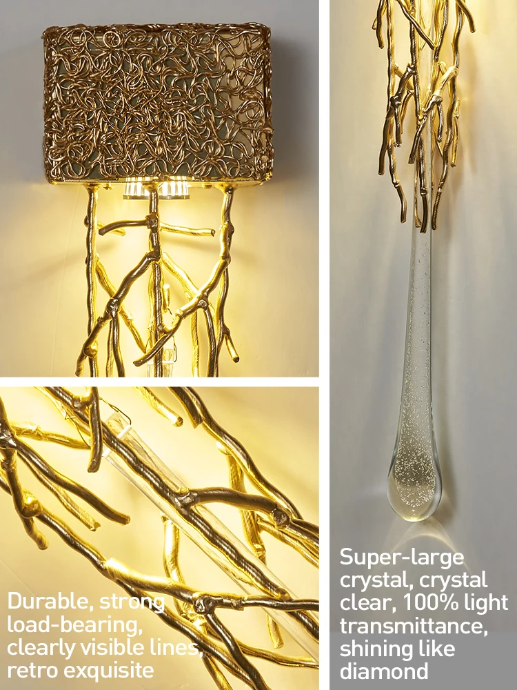 Lámpara de cristal para mesita de noche, luz de pared Interior de cristal para dormitorio, escaleras, sala de estar, gota de agua dorada de lujo