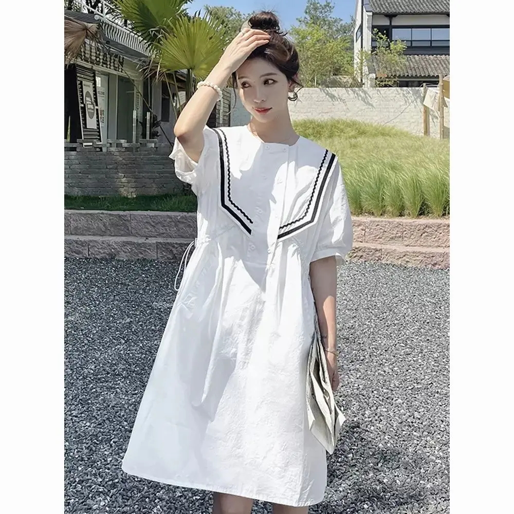 

2024 Summer Fashion Women Dress French Elegant O Neck Short Sleeve Drawstring Waist Slim A Line Long Casual Dresses White Dress
