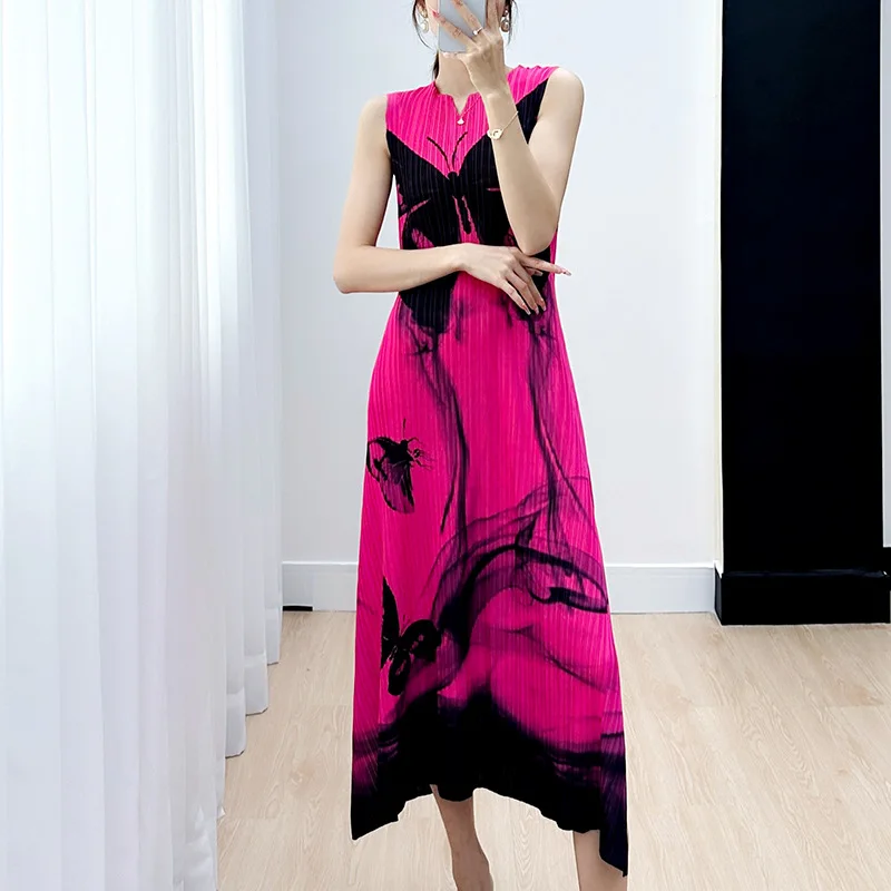 Women's Dress 2023 Summer New Age Reducing Pleated Butterfly Print Sleeveless Slim Dress  women clothing