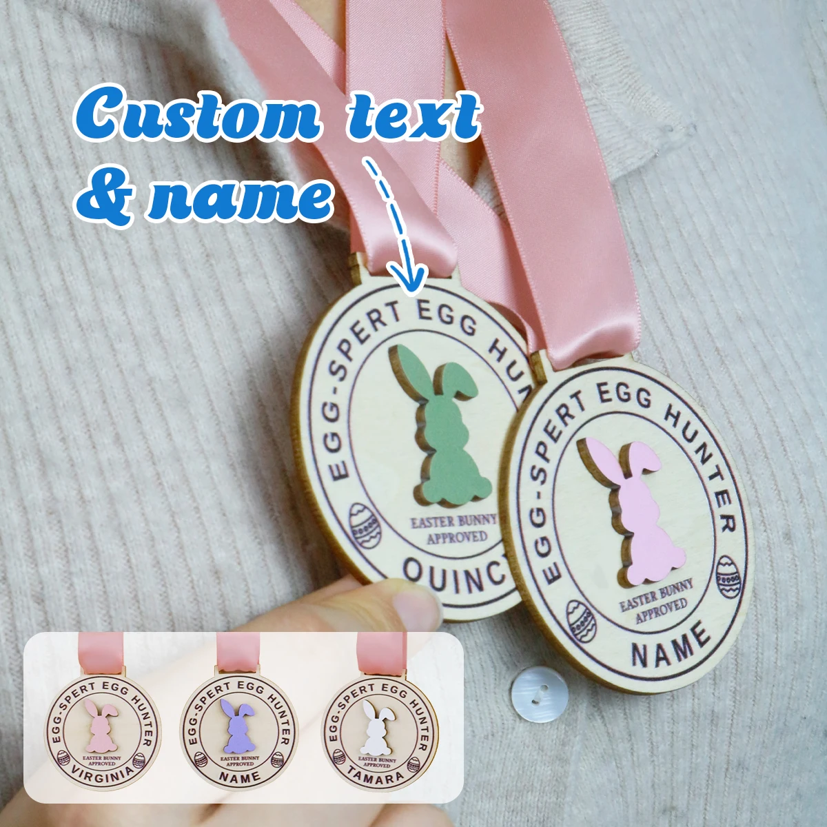 Custom Easter Bunny Medal With Ribbon, Personalized Name Egg Hunt Award For Spring Celebrations, Customized Keepsake