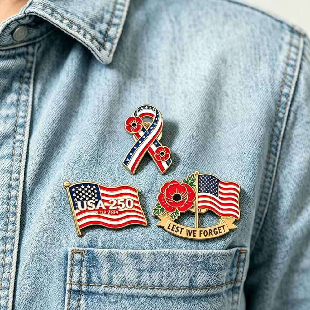 Patriotic USA Enamel Pins American Flag Poppy Flower Ribbon Brooches for Independence Day Lest we Forget Decor Badge