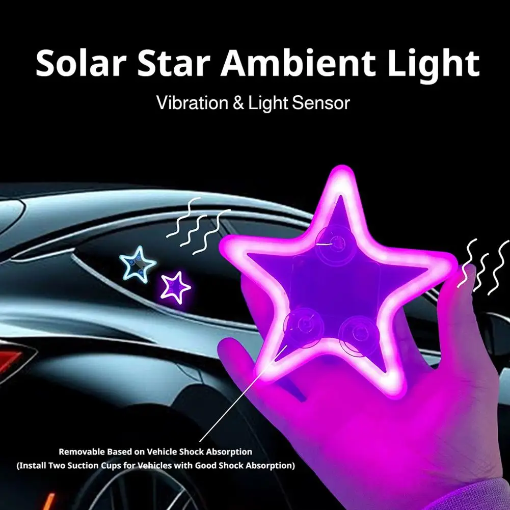 Solar Star Car Atmosphere Light Smart Vibration Sensor Safety Warning Lamp Rear Window Anti-Collision Decor Light Auto On/Off