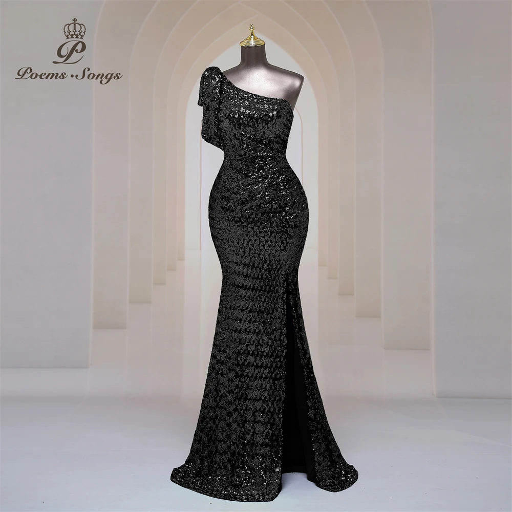 Elegant black evening dress party for women one-shoulder side slits slant shoulder mermaid prom dress party dresses formal dress