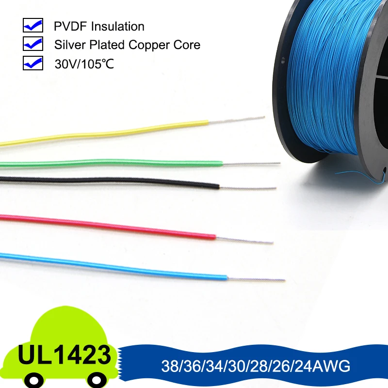 

50/100/500M UL1423 PTFE Wire Single Core Silver Plated Copper 38/36/34/30/28/26/24AWG High Temperature PVDF Micro Fine Cable