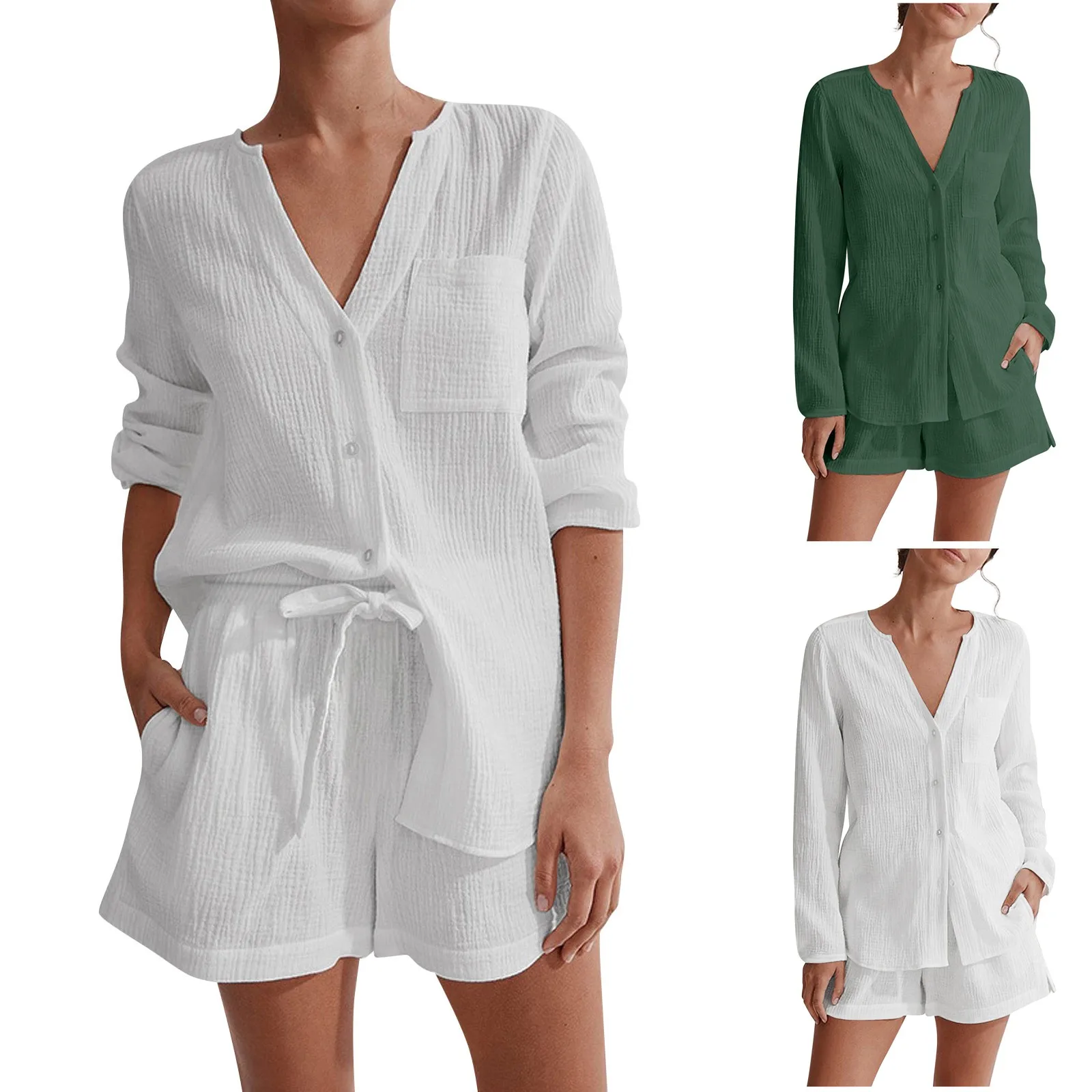 White Full Sleeve Shorts Suit Women Sleepwear 2024 Casual Short Sets V-neck Nightie With Shorts 2 Piece Set Ladies Pyjamas