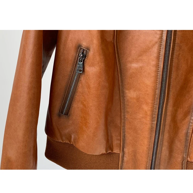 Giacca corta in pelle di pecora vintage in pelle cerata per donna Colletto alla coreana casual Manica lunga Cappotti da motociclista da moto in vera pelle sottile femminile