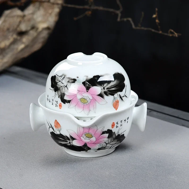 Chinese kung fu tea set Include 1 Pot 1 Cup,Beautiful and easy teapot kettle,landscape painting travel tea set elegant gaiwan