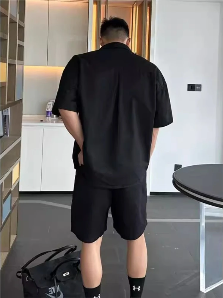 Men Summer Loose Fit Plus Size 2PCS Set Short Sleeve Button-Down Shirt & Shorts Minimalist Casual Outfit with Chest Pockets Chic