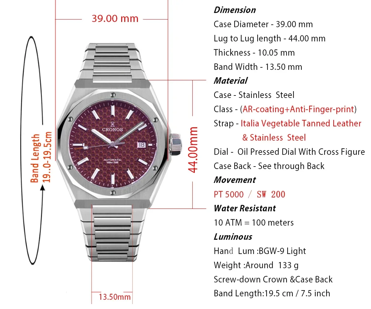 Cronos Luxury Men Watch 39mm Automatic PT5000 SW200 Wristwatches Sapphire 10ATM See-through Back L6028M V2