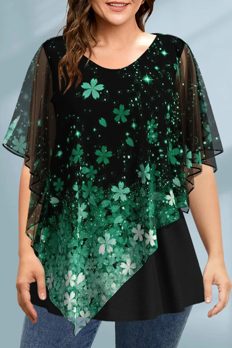 Blusa feminina plus size chiffon estampa floral falsa duas peças assimétrica manga curta gola redonda blusa verão 2025 tops casuais