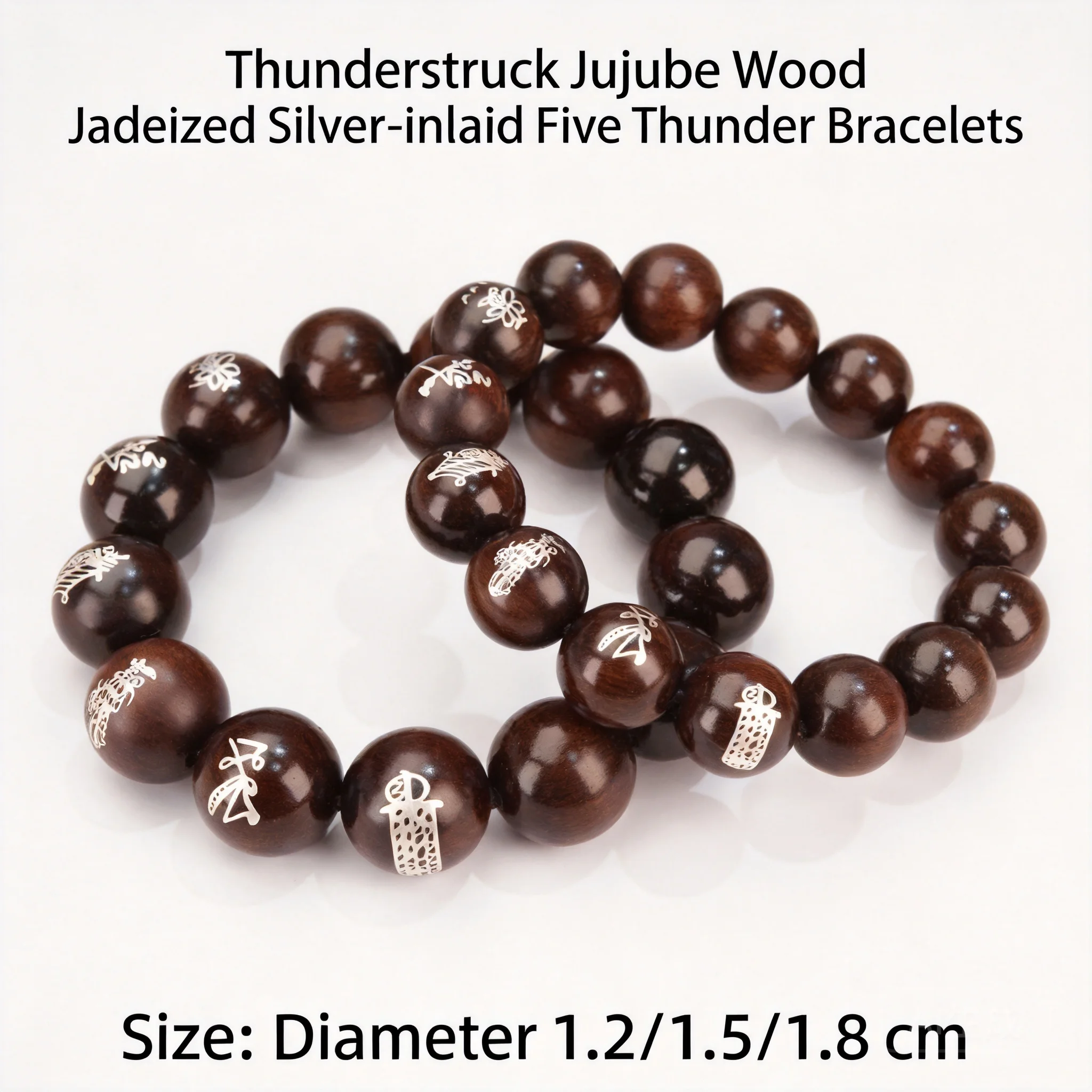 

Chinese Style Handmade Thunder Struck Jadeized Jujube Wood Silver Inlaid Five Thunder Talisman Beaded Bracelet Lucky Blessing