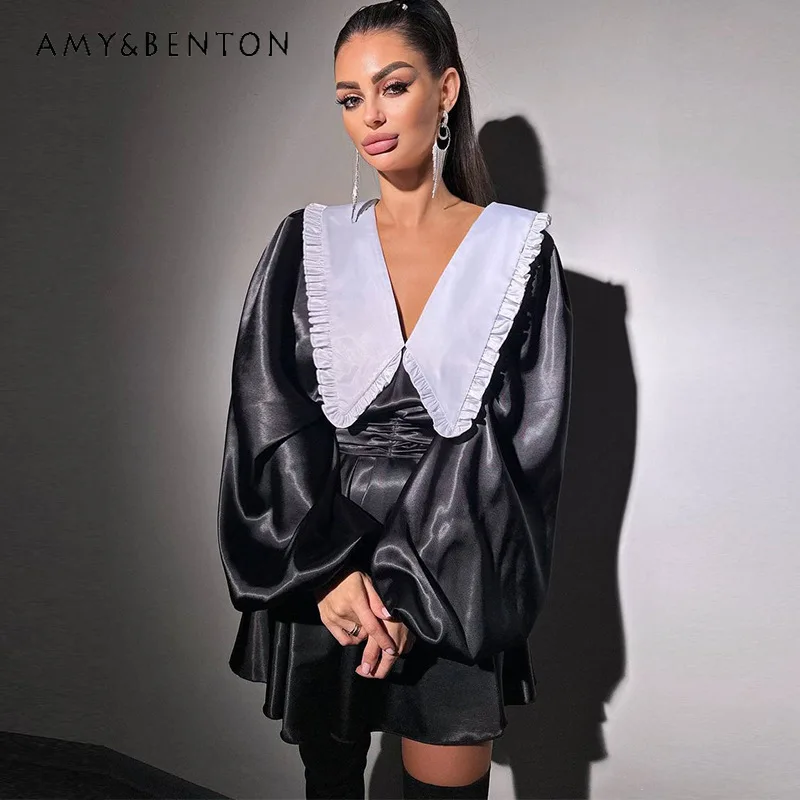 

2026 Spring PU Leather Black White Color Block Large Lapel Women's Dress Original Design Waist Slimming Ruffle Dresses Ladies