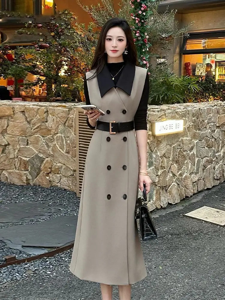 

Высококачественный двубортный плащ, жилет, женский стильный жилет средней длины, осенний новый жилет без рукавов для поездок на работу