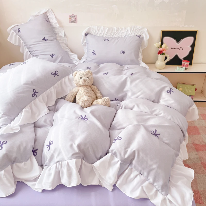 2025 New Yunsoft Cotton Korean INS Age Reduction Lace Cartoon Four-Piece Set Quilt Cover Set Girls Bedding Set