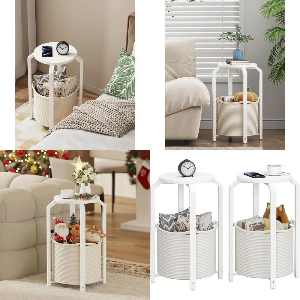 

Белый круглый приставной столик с корзиной для хранения, комплект из 2 штук, для гостиной и спальни
