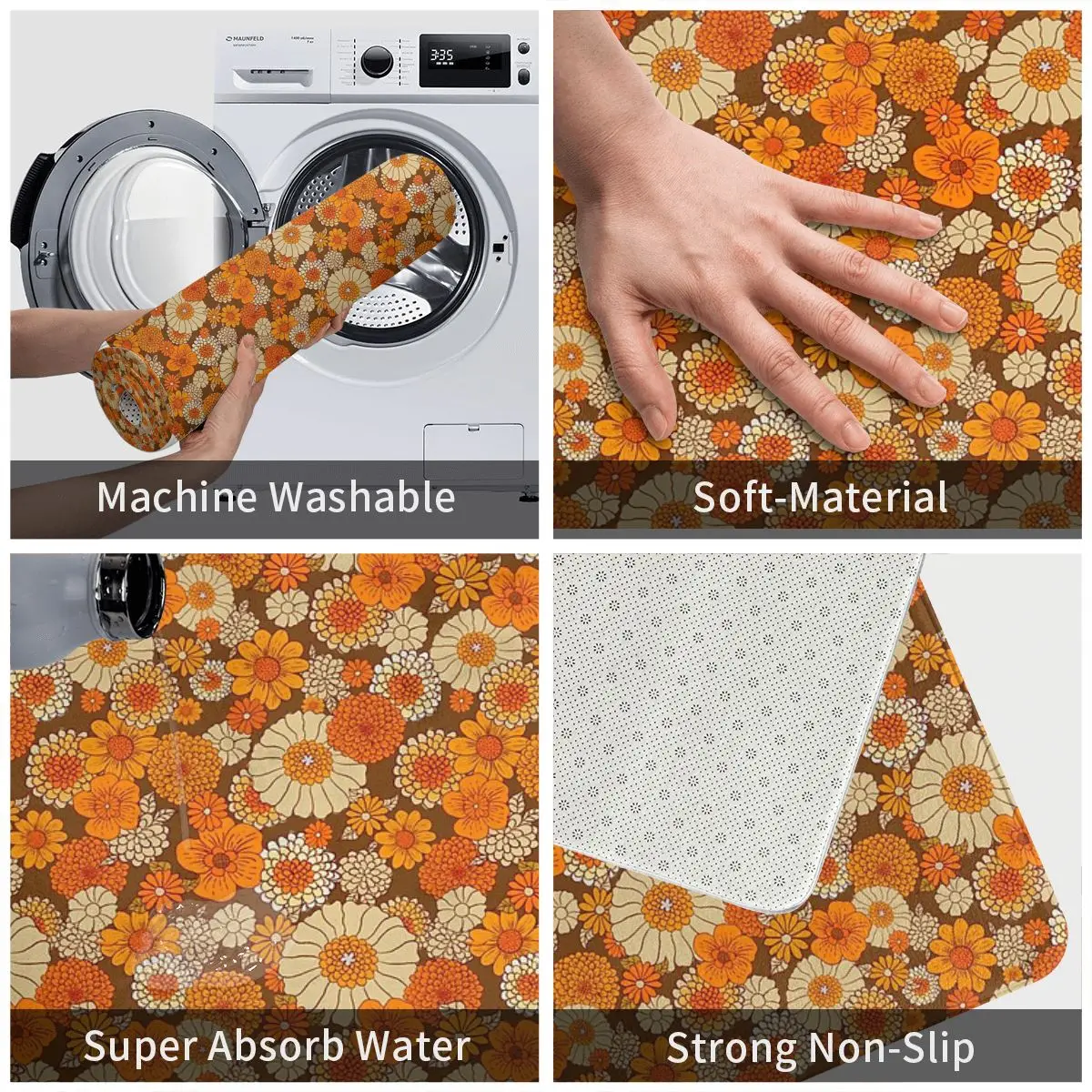 70s Retro Daisies, Vintage Flower Power, Orange And Brown, Boho, A Carpet Doormat BathMat Mat