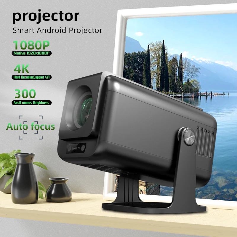 جهاز عرض hypeRock الذكي 1080P للسينما المنزلية مع نظام أندرويد، التركيز التلقائي وحجر المفاتيح، 300 ANSI لومن للفيلم الغامر