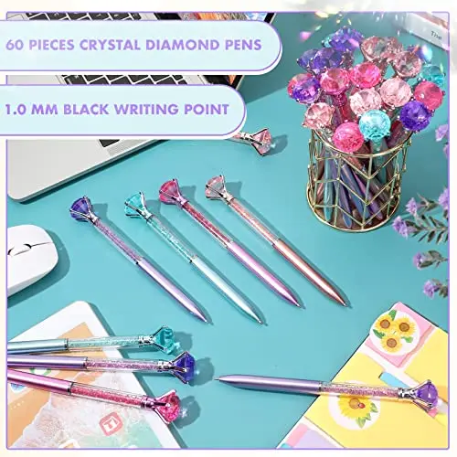60 Pcs Diamond Crystal Glitter Ballpoint Pens, Floating Rhinestone Liquid Sand Metal Pens, 1.0mm Black Ink Signature Pens