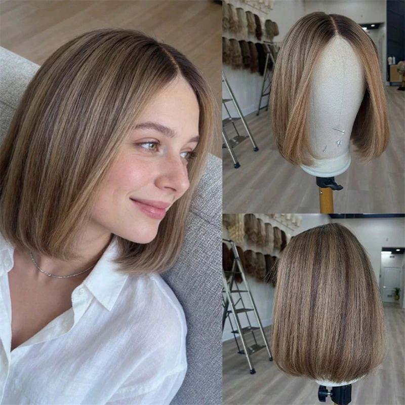 

12 Inches Short Straight Bob Ombre Brown Blonde Synthetic Lace Front Wig Glueless Wig Ready to Wear Preplucked Hairline Cosplay