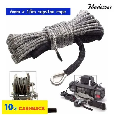 Winch Rope String Line Cable with Sheath Gray Synthetic Towing Rope 15m 7700LBs Car Wash Maintenance String for ATV UTV Off-Road