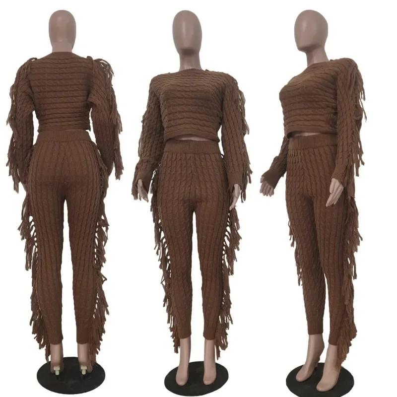 Women Solid Tassel Fried Dough Twists Knitting 2 Piece Set Long Sleeve Pullovers Sweaters Crop Tops + Pencil Pants Casual Suits