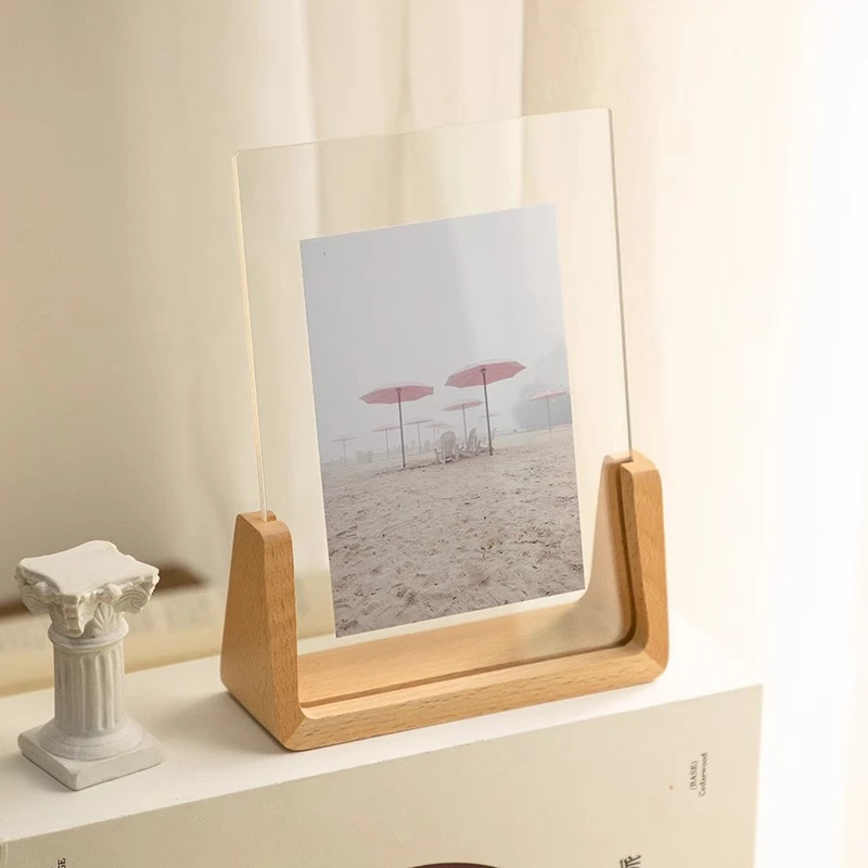 Creative U-shaped Acrylic Photo Frame Wooden Base Transparent Picture Desktop Stand Photo Display Holder Wedding Photo Frame