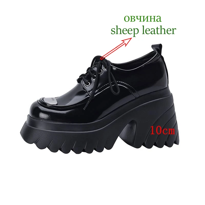 Krazing Pot Sheep Leather Round Toe Thick Bottom Fashion Shoes Metal Decorations Mature Street Wear Punk Lace-up Maiden Pumps