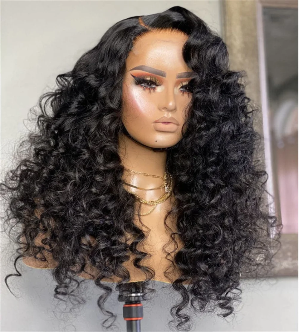 Perruque Lace Front Wig sans colle bouclée crépue noire naturelle pour femme, cheveux de bébé doux, densité 180, 26 pouces de long, degré de chaleur, préplumée, 03/3