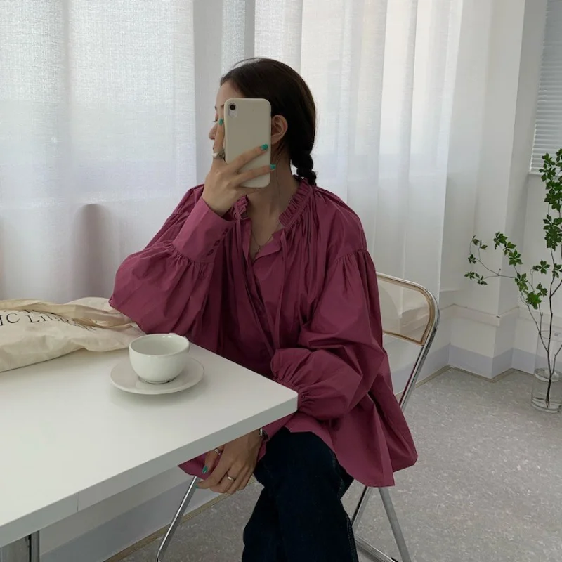 เสื้อเชิ้ตแขนทรงโคมไฟทรงหลวมผูกเชือกผูกเชือกคอกลมเรียบง่ายสไตล์เกาหลี