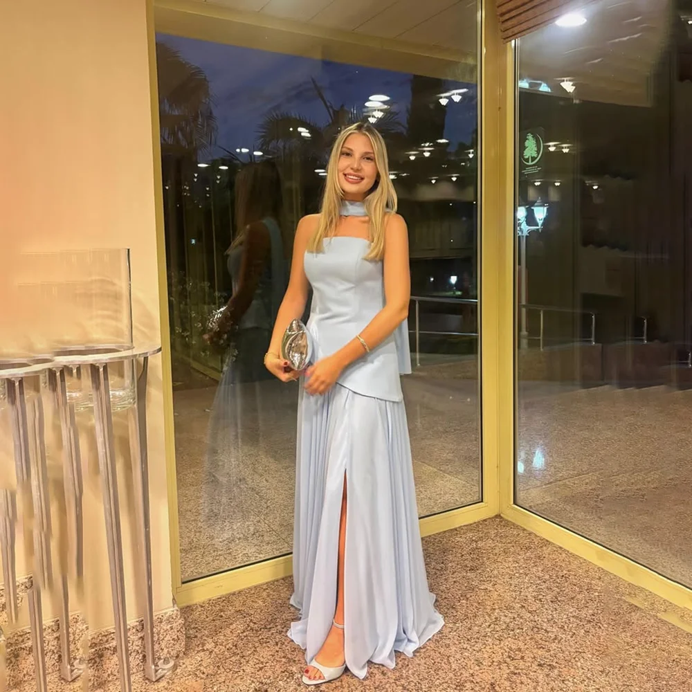 

Light Blue Evening Dress with Scarf Strapless A Line Thigh Slit Elegant Prom Gowns Celebrity Formal Party Dress Customized