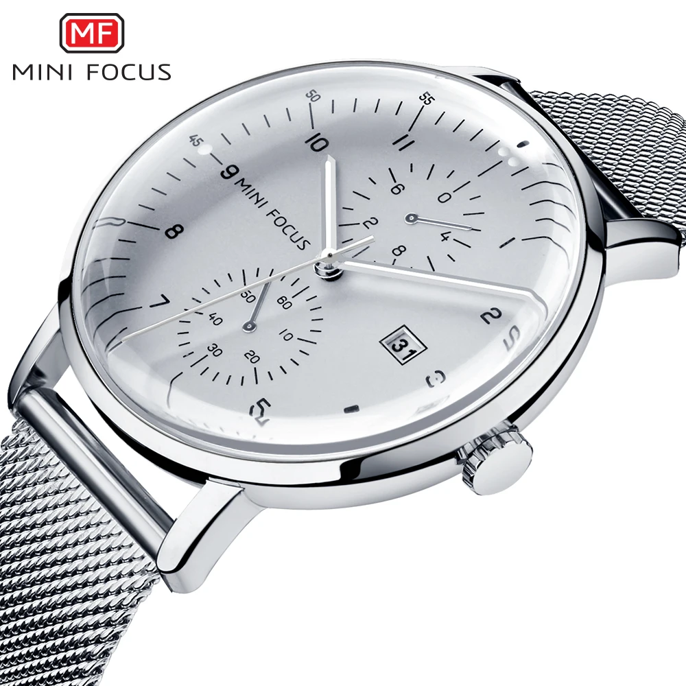 Mini Focus Luxe Waterdichte Herenhorloges Kalendervenster Zilver Zakelijk Quartz Horloge Roestvrijstalen Band Lichtgevende Wijzers 0052