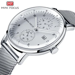 MINI FOCUS Orologi da uomo impermeabili di lusso Finestra di calendario Orologio da lavoro al quarzo argento Cinturino in acciaio inossidabile Lancette luminose 0052